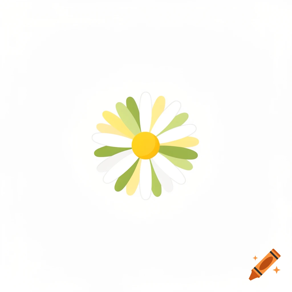 A minimalist flat design illustration of a chamomile flower with a yellow center and petals in shades of white, yellow, and green on a white background.