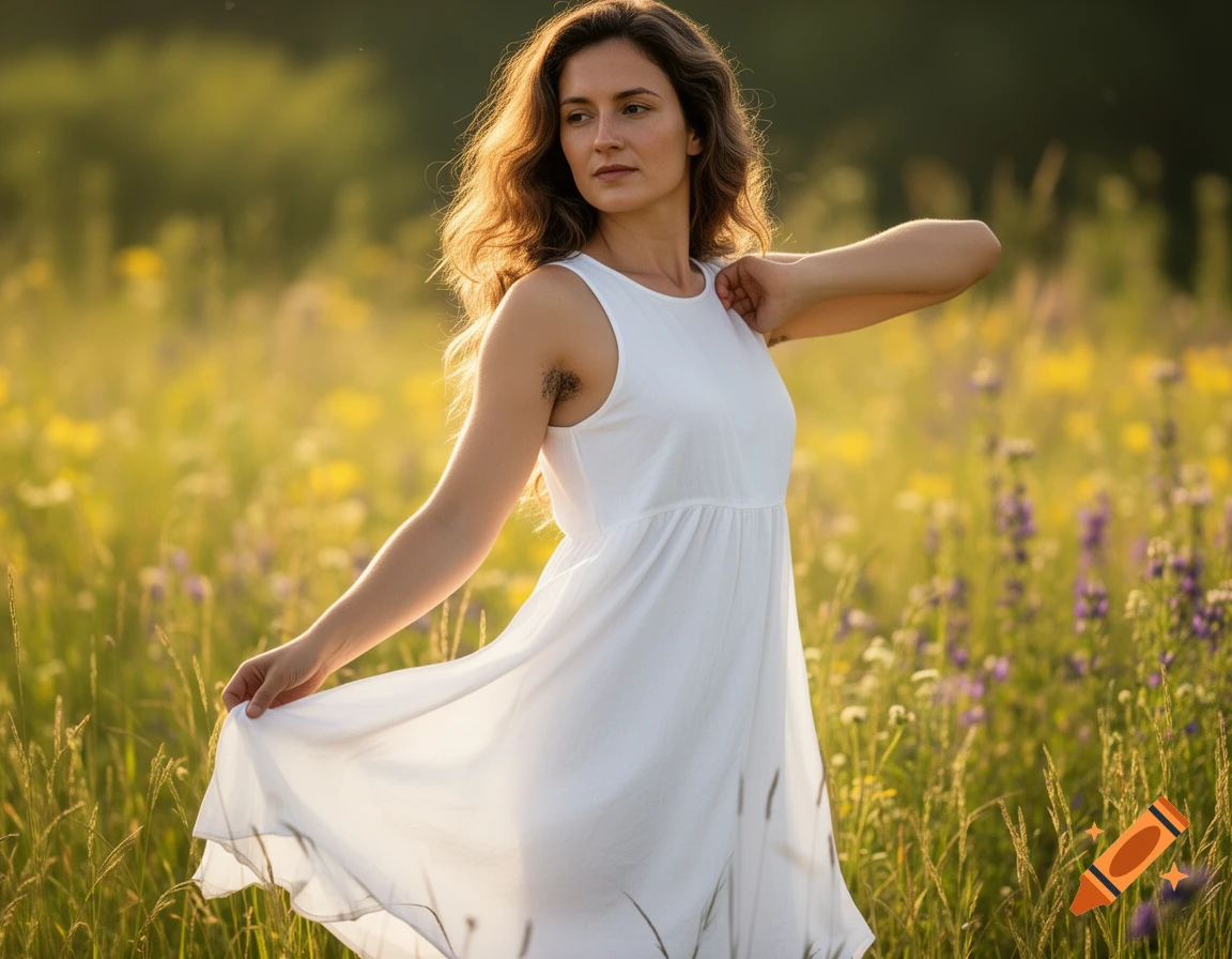 A woman with long wavy hair and armpit hair wears a white dress in a sunlit field of wildflowers.