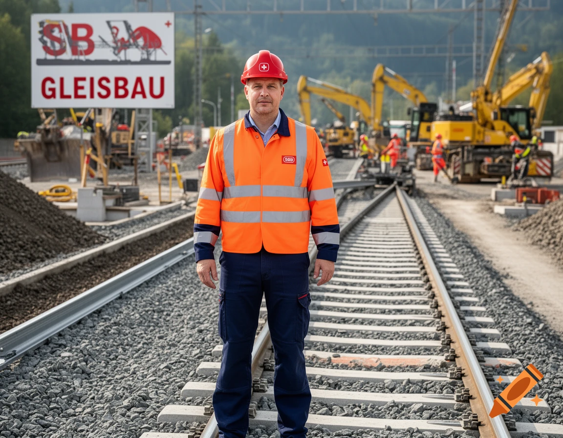A man in a red hard hat and orange safety vest stands on train tracks at a construction site with heavy machinery in the background.