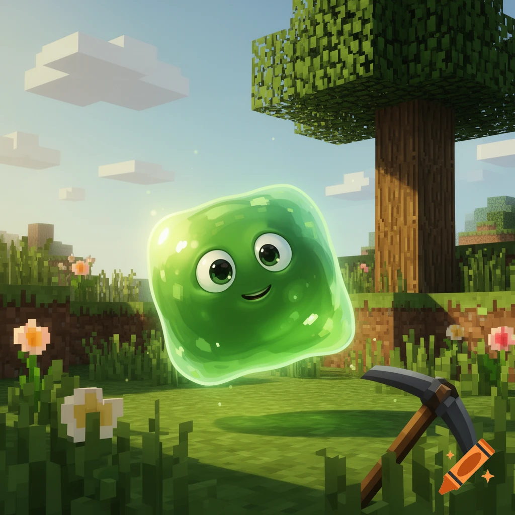 A cute, glowing green slime character floats in a blocky Minecraft landscape with grass, trees, and a pickaxe.