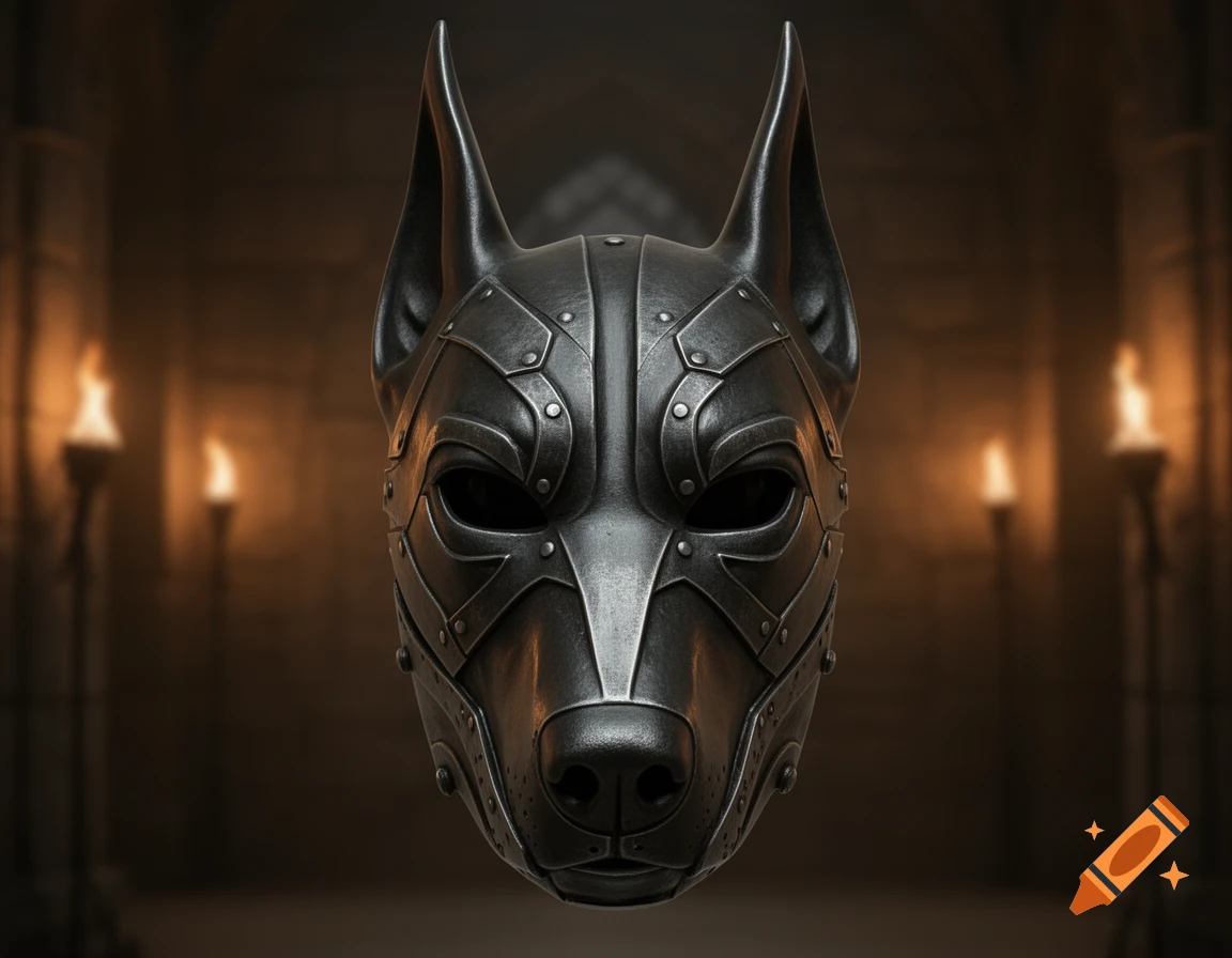 A detailed dark metallic doberman mask with riveted plates, in a dimly lit, torchlit medieval setting.
