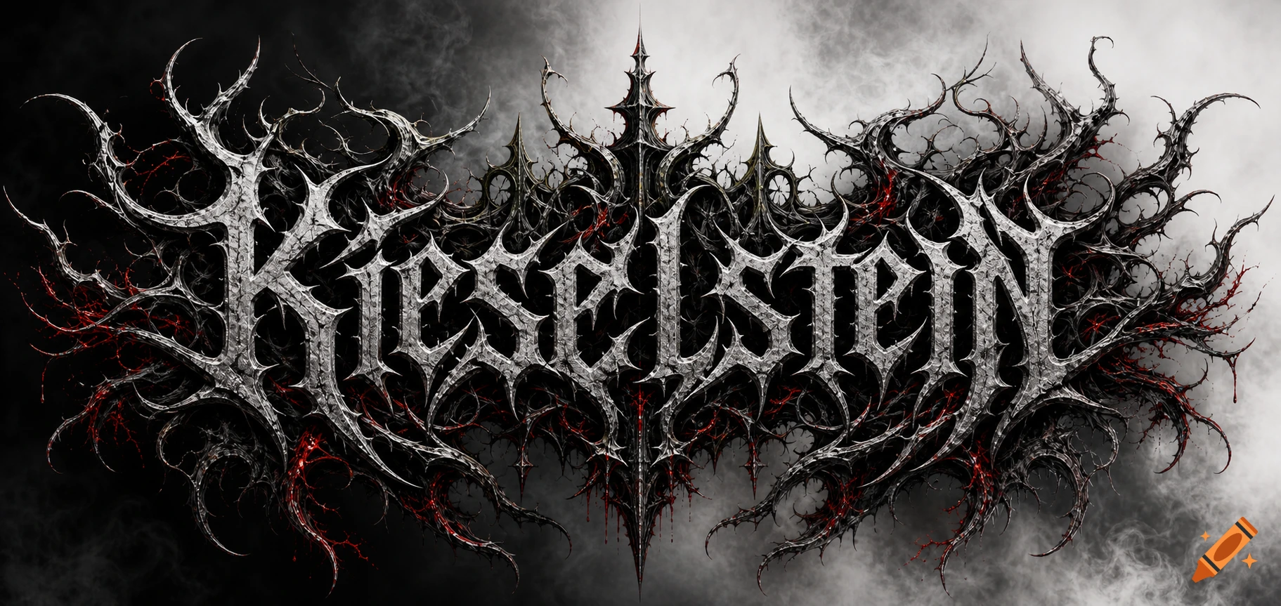 Intricate, thorny metal band logo for "Kieselstein" with red accents, set against a smoky dark background.
