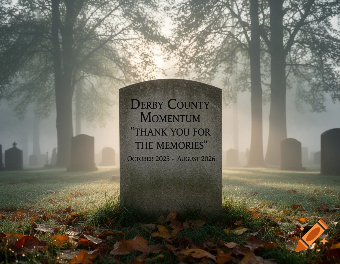 A gravestone in a misty cemetery at sunrise, inscribed with 'Derby County Momentum' and 'Thank You For The Memories'.