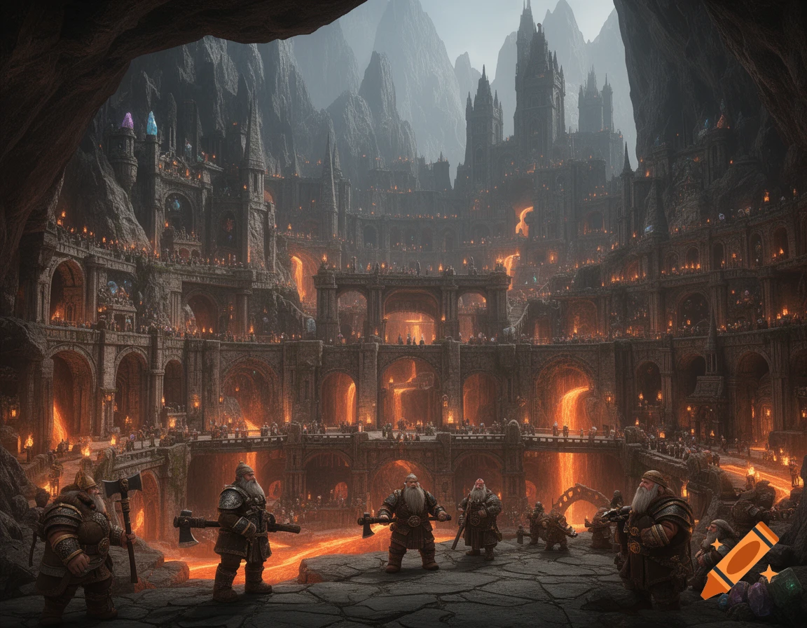 A vast underground dwarven city carved into a mountain, featuring intricate stone architecture, bridges, glowing lava, and armored dwarves.