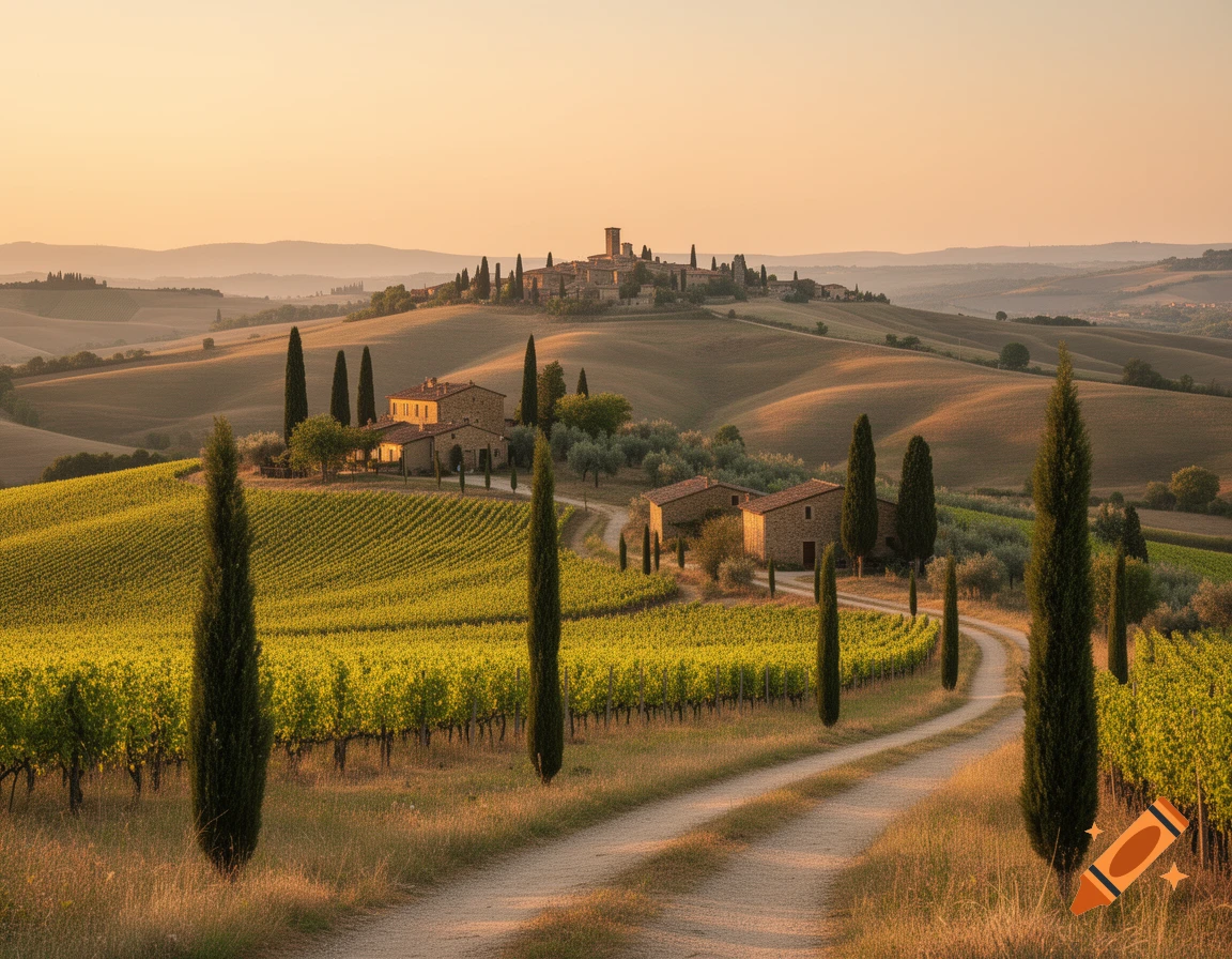 Photorealistic Tuscan landscape with vineyards, winding road, cypress trees, stone farmhouses, and a hilltop village under a golden sky.