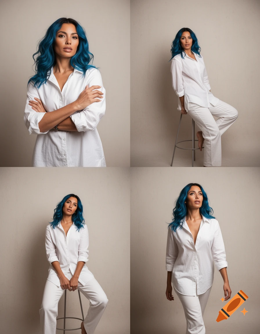 Four photorealistic portraits of a woman with blue hair in a white shirt and pants, posing in a studio.