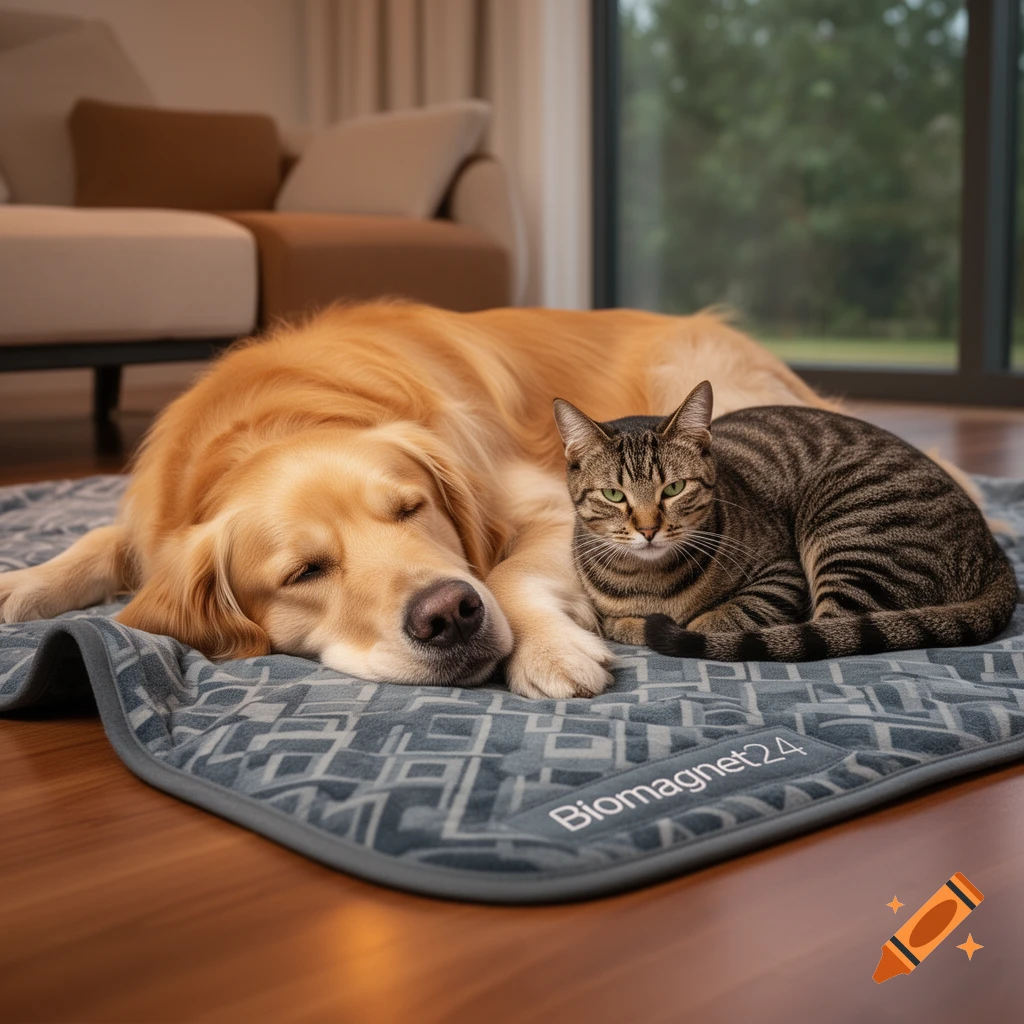 A golden retriever dog sleeps on a grey blanket next to a tabby cat looking at the camera, indoors.