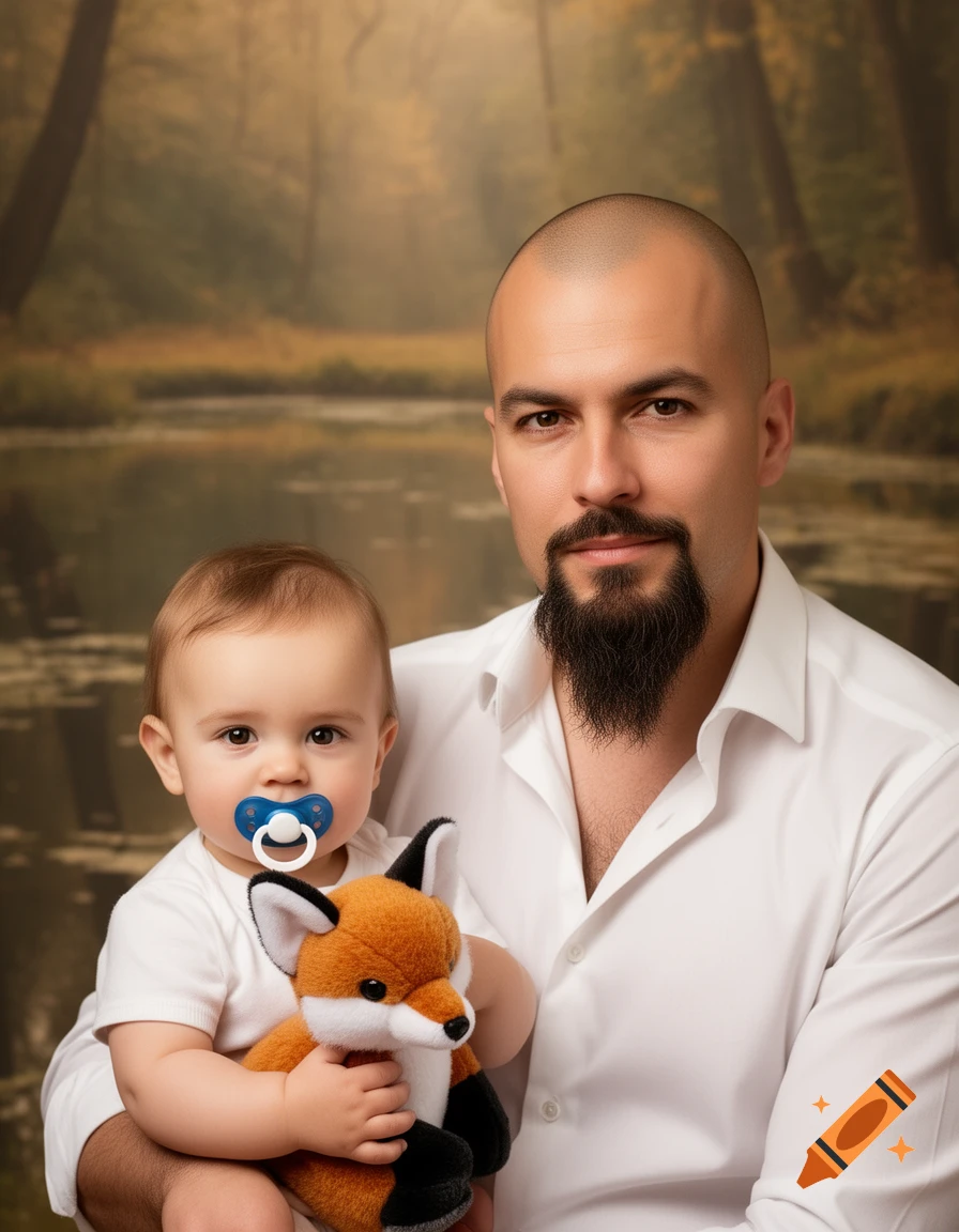 Photorealistic portrait of a bald man with a goatee holding a baby with a blue pacifier and a fox plushie, against a soft forest background.