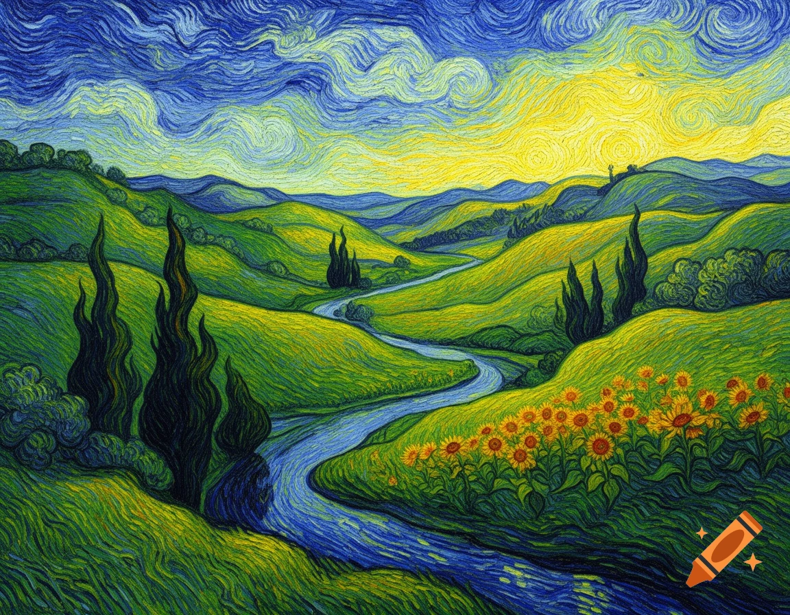 Vibrant Van Gogh style painting of a green valley with a winding river, cypress trees, sunflowers, and a swirling blue and yellow sky.