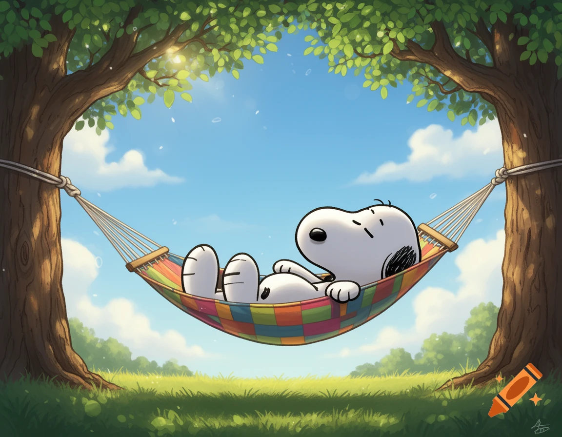 Snoopy relaxes in a colorful hammock strung between two trees on a sunny day.