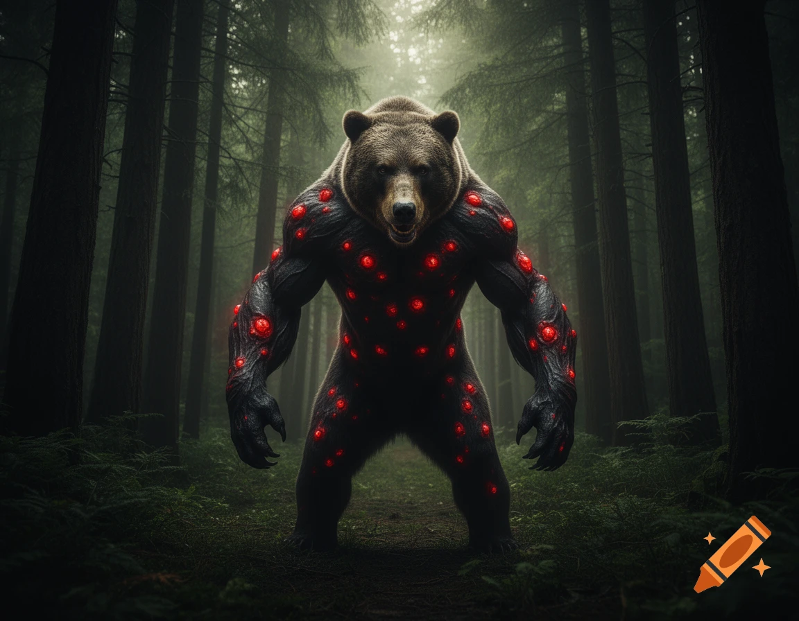 A monstrous dark-skinned bear creature with glowing red bulbs on its body stands in a dark, misty forest.