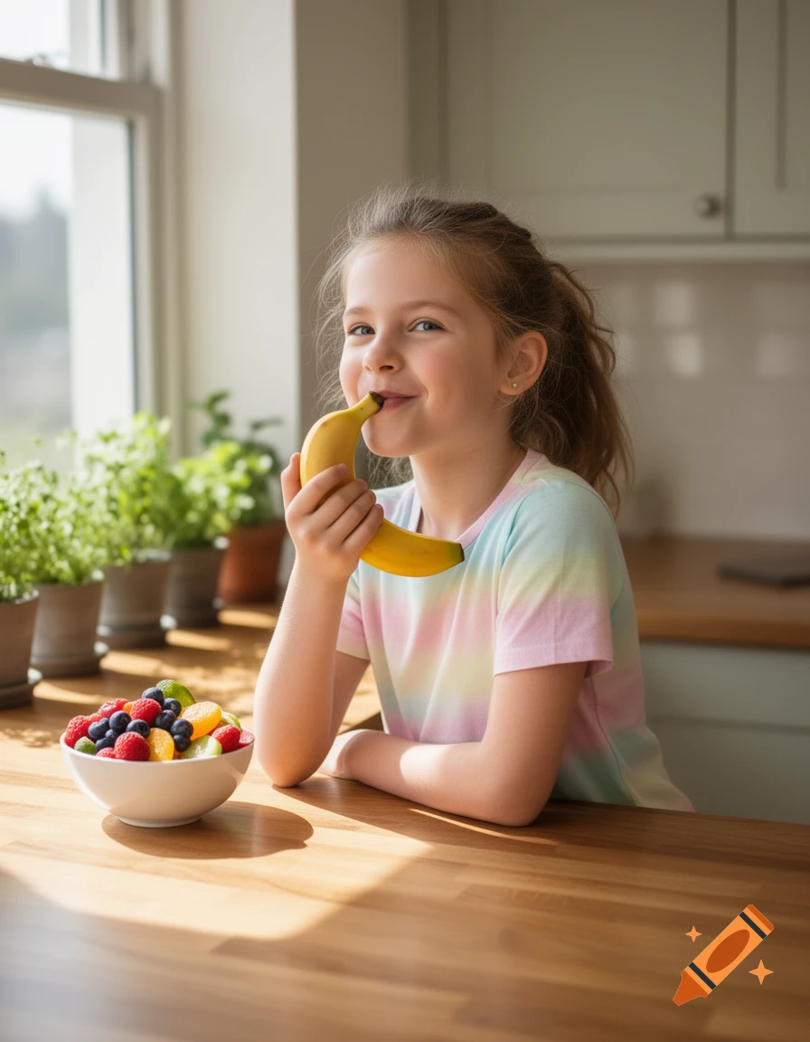 Smiling young girl holding a banana to her mouth in a sunlit kitchen with a bowl of fruit.