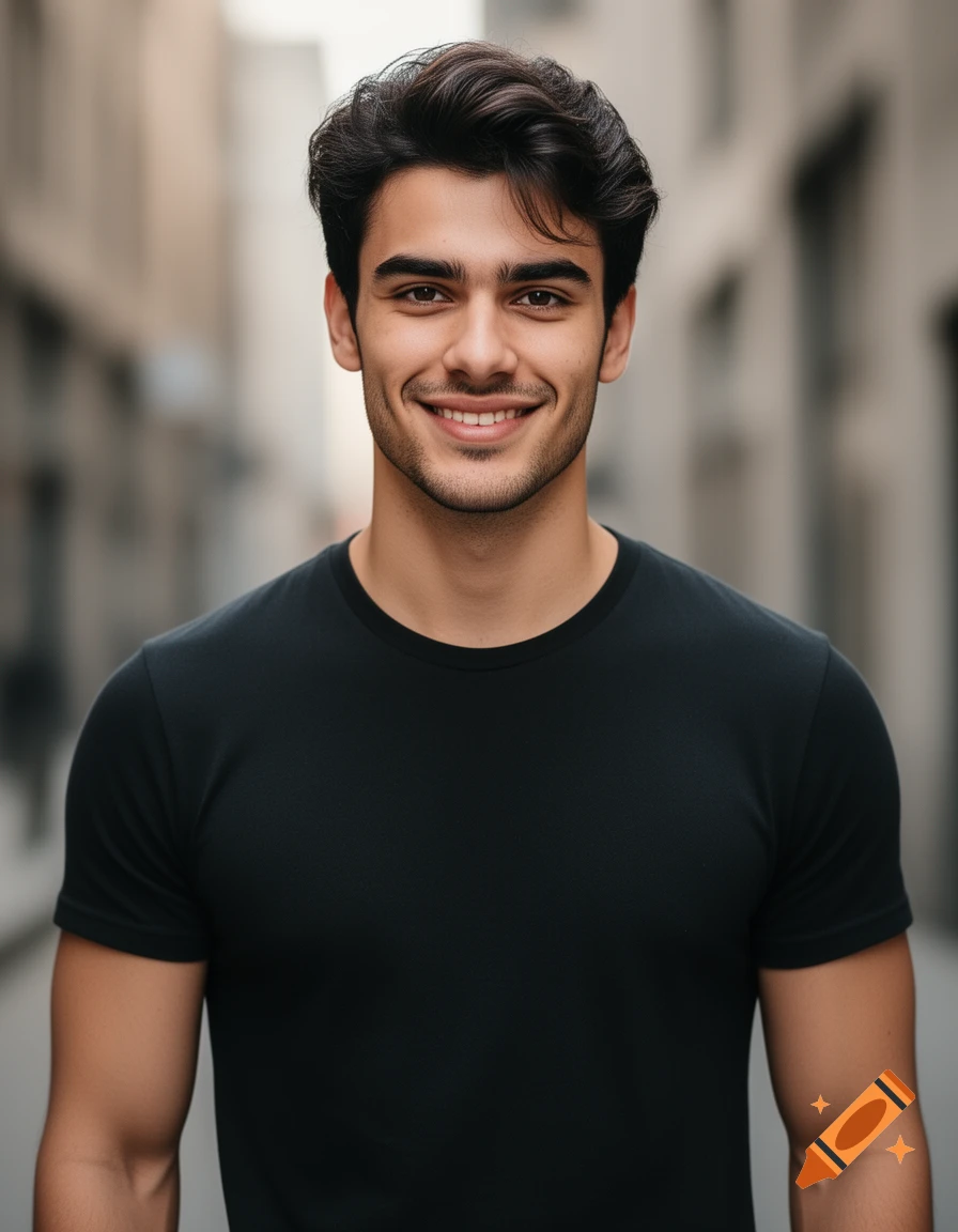 A photorealistic portrait of a handsome young man with dark wavy hair, smiling at the camera outdoors.