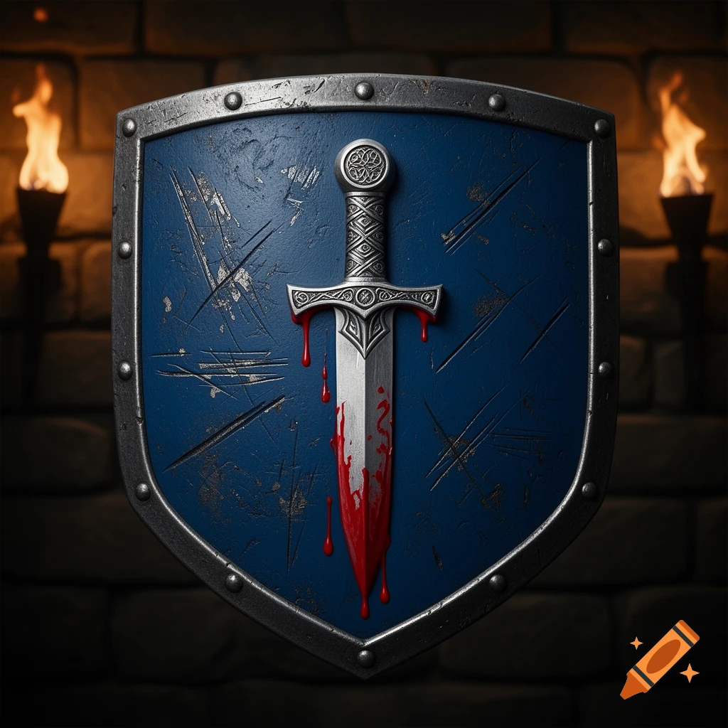 A close-up of a blue medieval shield with a silver dagger dripping blood, flanked by two flaming torches.
