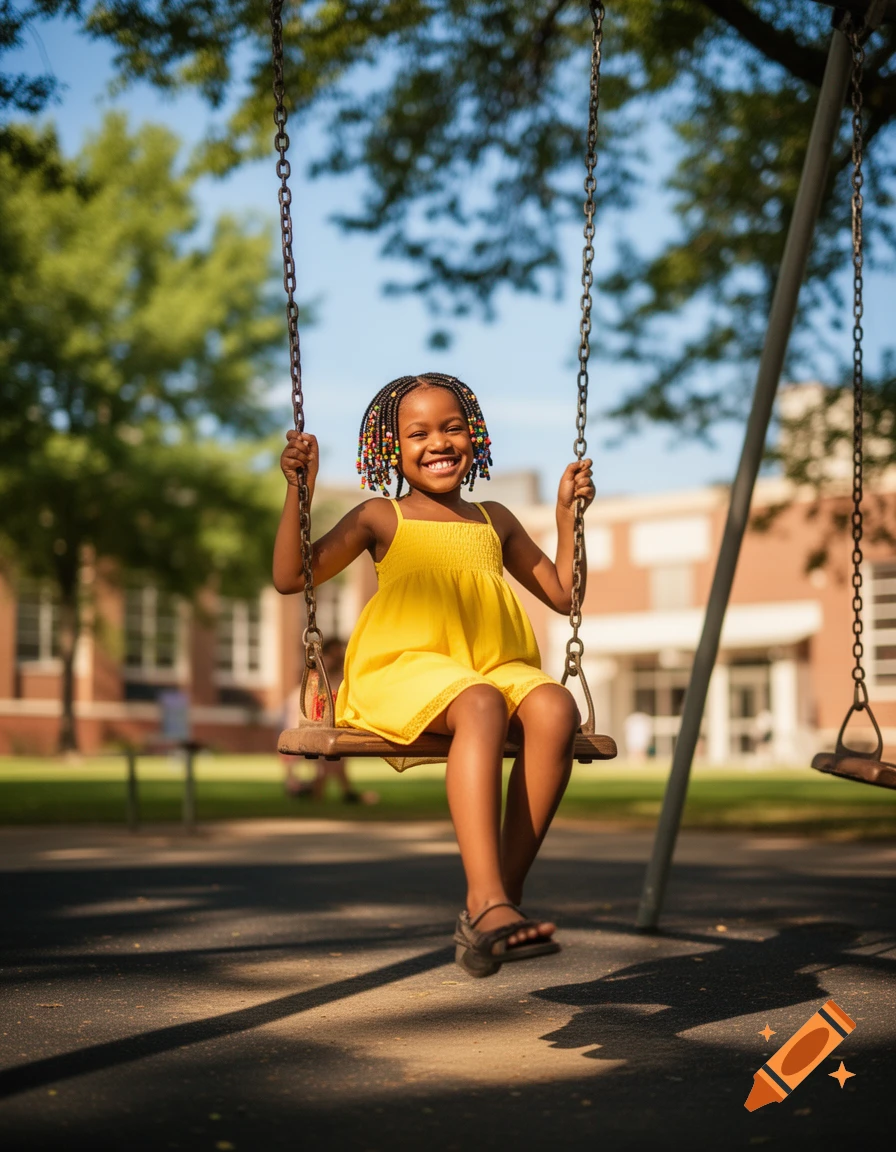Smiling young Black girl in a yellow dress swinging on a playground swing set on a sunny day.