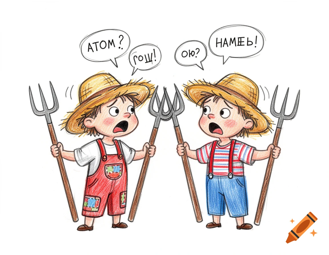 Two cartoon children dressed as farmers, holding pitchforks and yelling at each other in speech bubbles, on a white background.