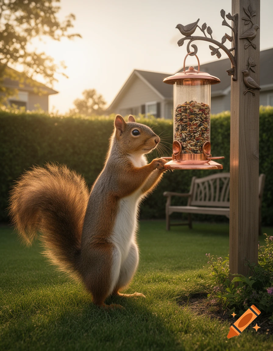 A photorealistic image of a squirrel standing on its hind legs next to a bird feeder in a sunlit backyard.