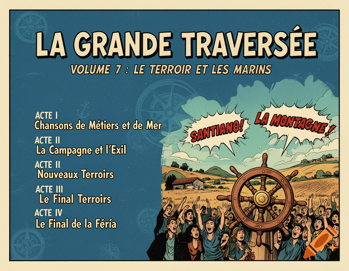 Retro comic book pop-art flyer with the title "LA GRANDE TRAVERSEE", an act list, and an illustration of a ship helm with a crowd and speech bubbles in a rustic landscape.