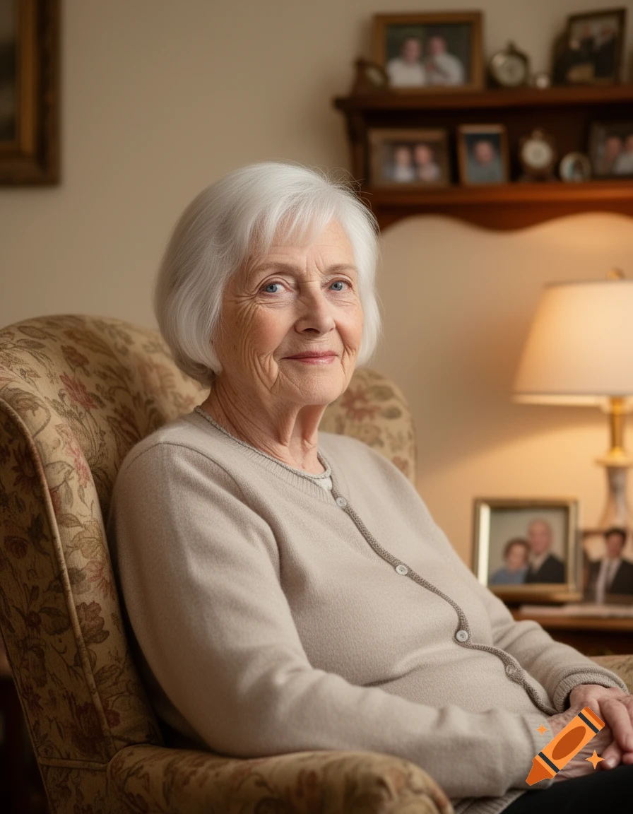 An elderly woman with white hair sits in a patterned armchair, smiling gently at the viewer in a softly lit room.