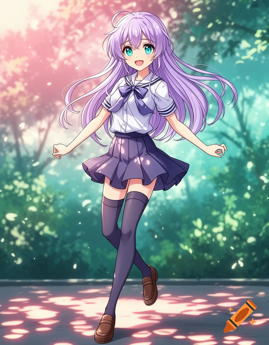 A smiling anime girl with purple hair and green eyes, wearing a school uniform, walks happily outdoors with dappled sunlight.