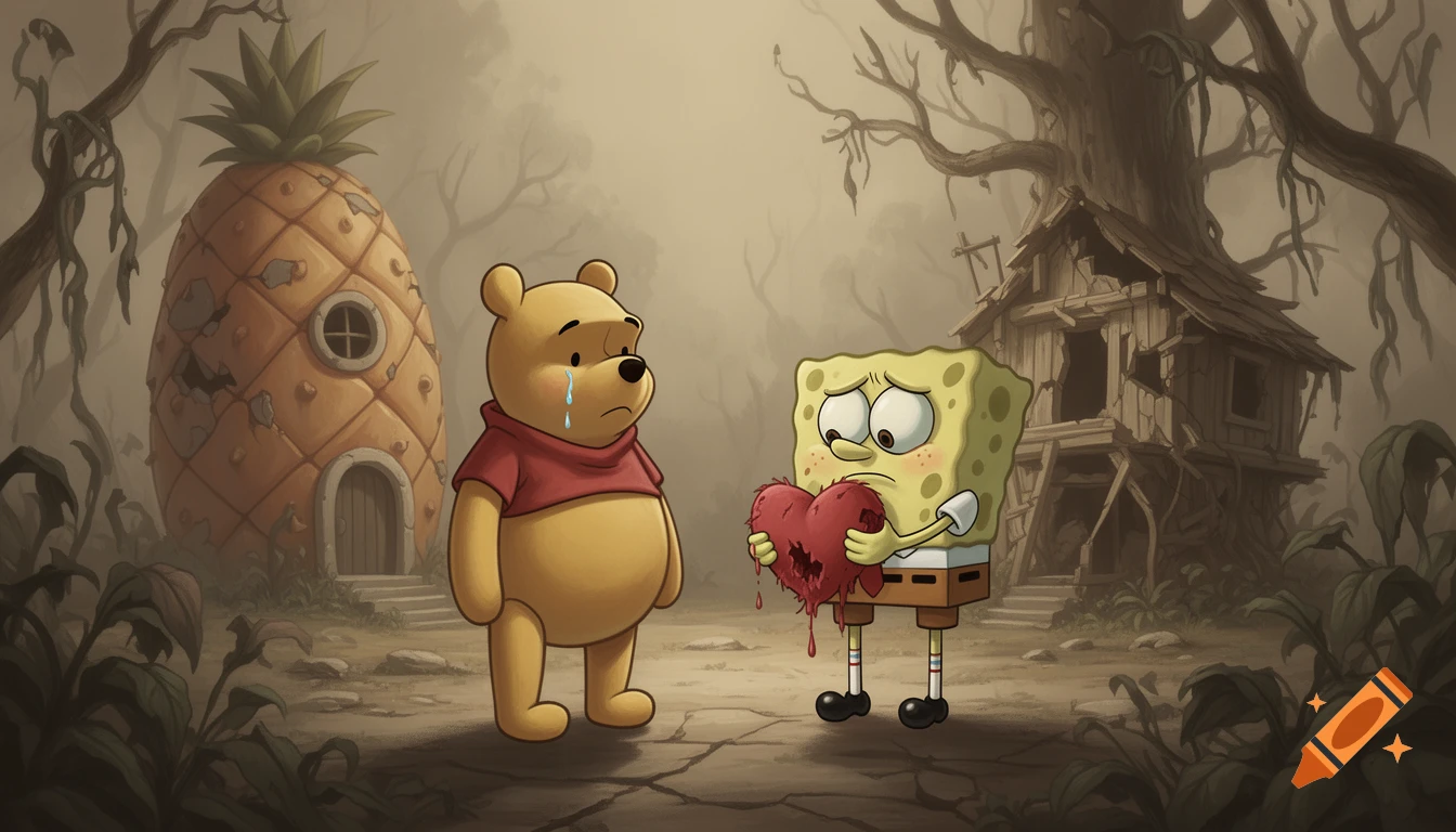 Sad Winnie the Pooh crying next to a sad Spongebob holding a broken, bleeding heart in a dreary, overgrown landscape with their dilapidated houses in the background.