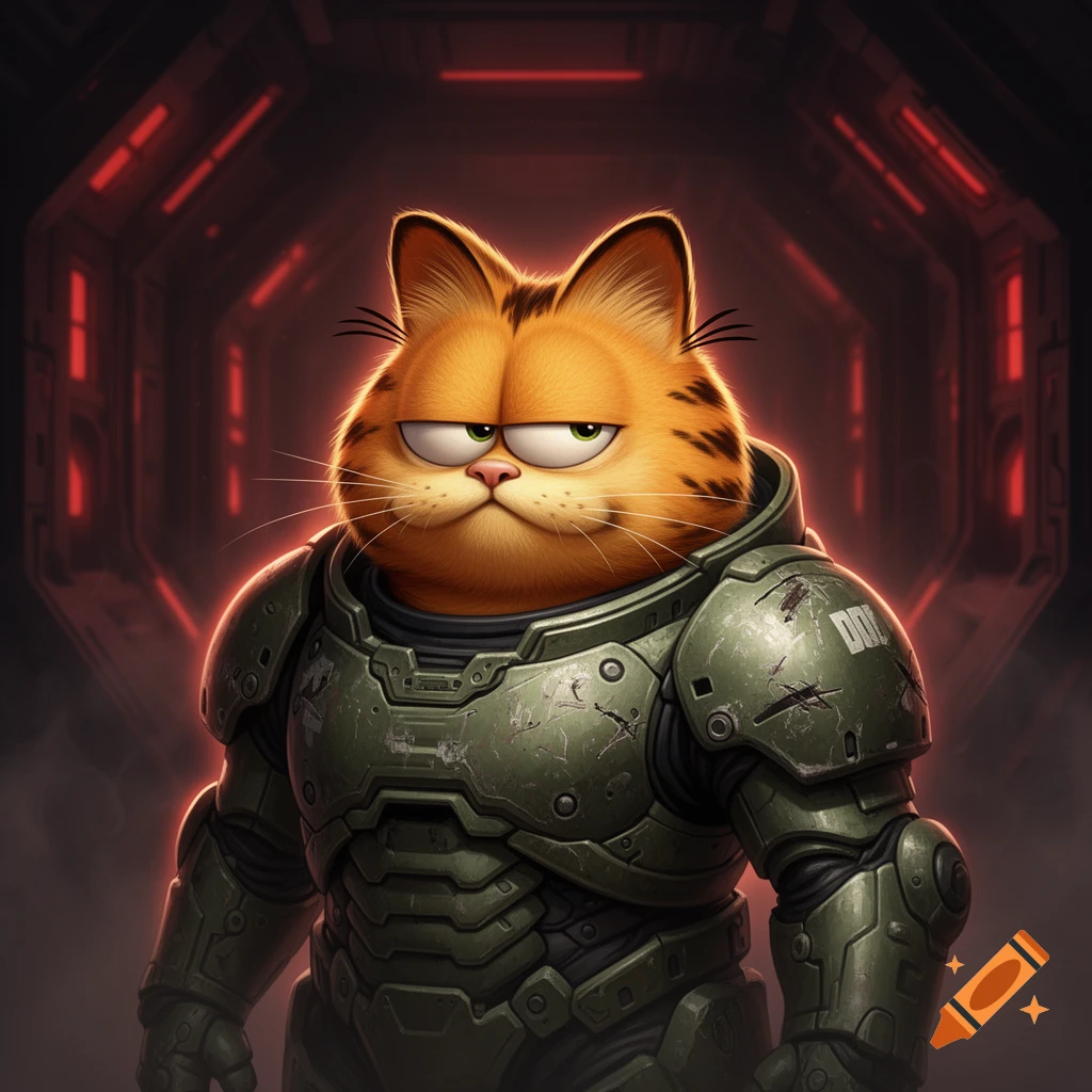 Garfield the cat, wearing battle-worn green Doom Guy armor, stands in a dark, red-lit futuristic corridor.