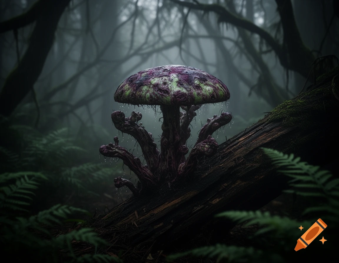 A large, grotesque purple and green mushroom with a gnarled stem drips water in a dark, misty forest.