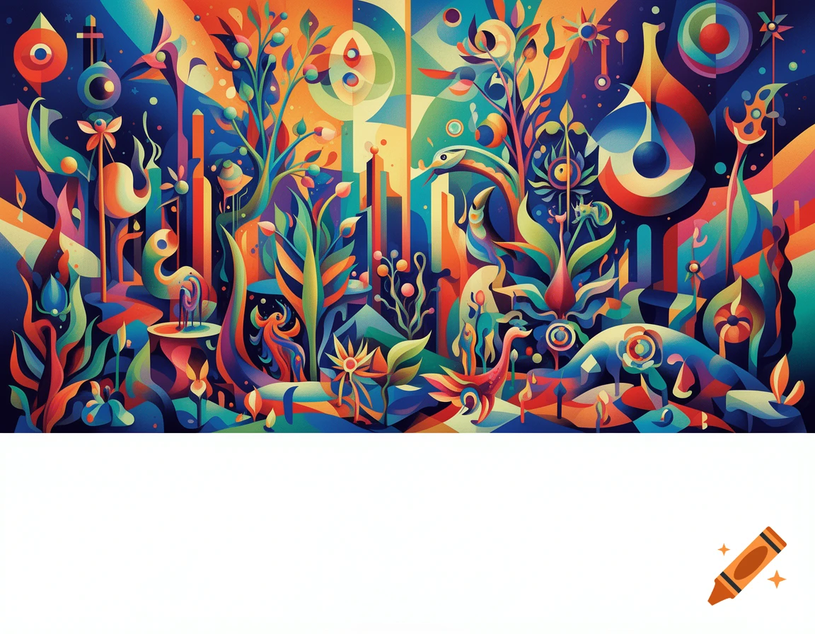 Vibrant abstract illustration of an imaginary Garden of Eden with colorful, biomorphic plants and forms. A white bar is at the bottom.