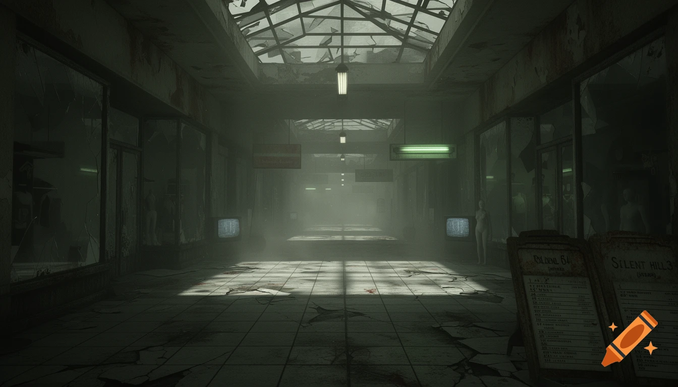 A long, dark, and eerie abandoned shopping mall hallway with broken skylights, cracked tiles, and glowing fluorescent lights. Mist fills the air, and mannequins are visible in store windows, with old TVs displaying static on either side.