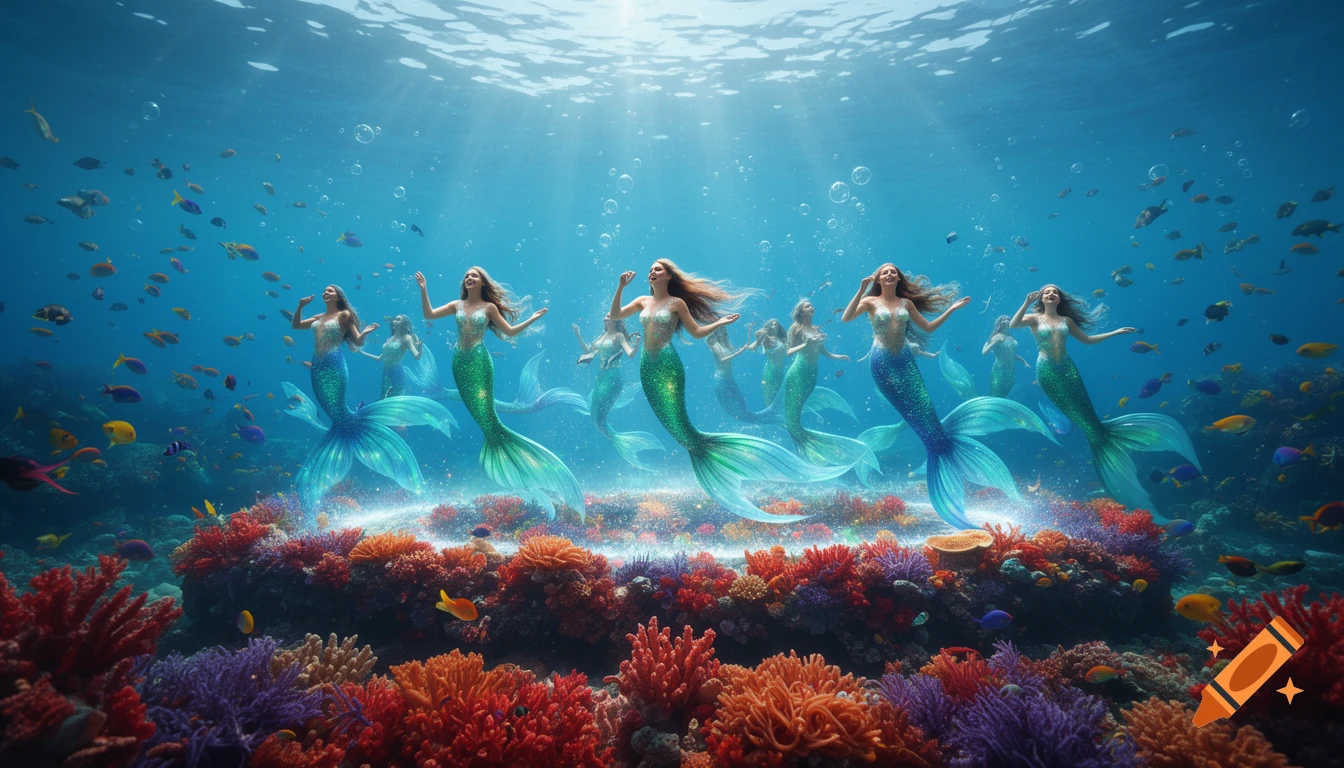 Multiple mermaids with shimmering tails smile and gesture underwater, surrounded by colorful coral reefs and schools of fish with sun rays.