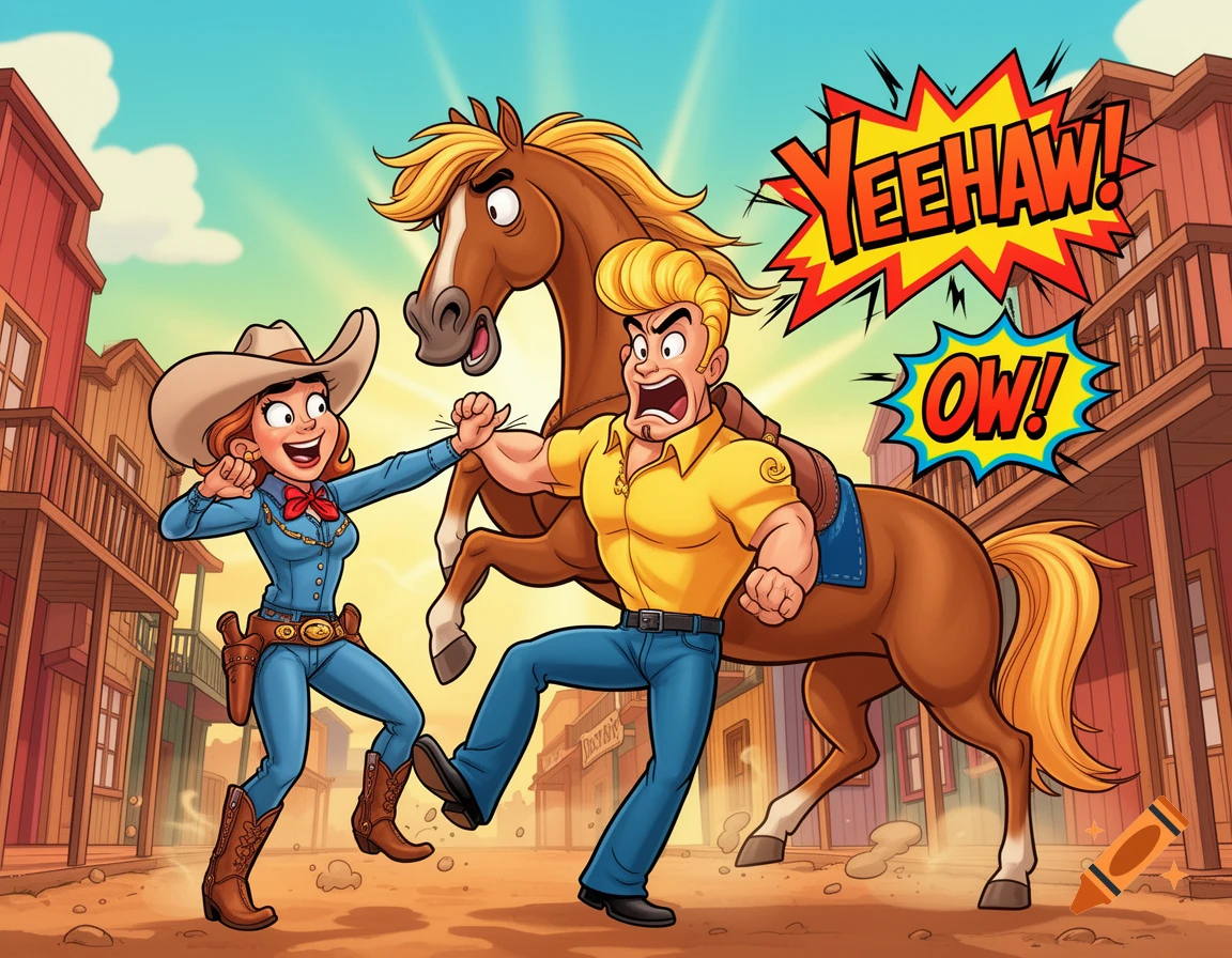 Cartoon illustration of a cowgirl and a horse kicking Johnny Bravo in an Old West town, with speech bubbles saying 'YEEHAW!' and 'OW!'.