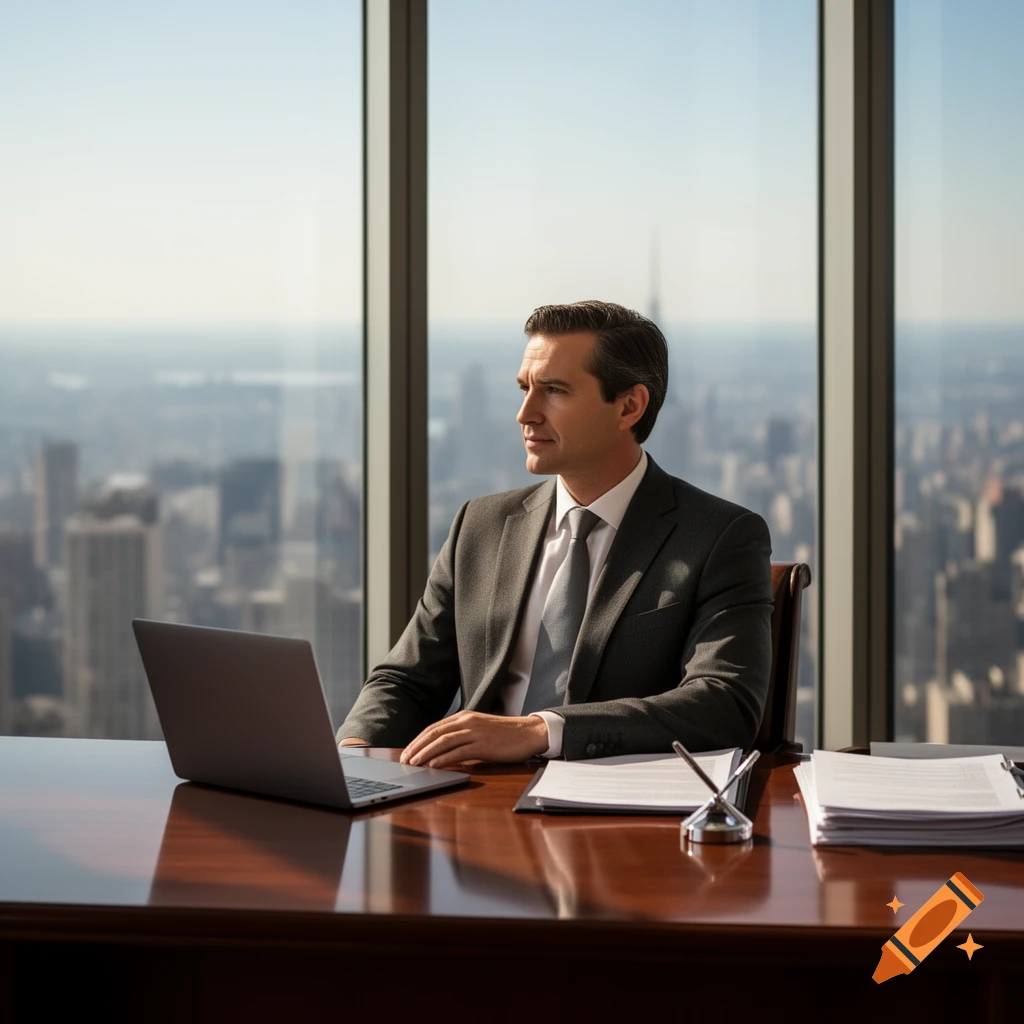 A man in a suit sits at a desk with a laptop, looking out a large window at a city skyline. Photorealistic.