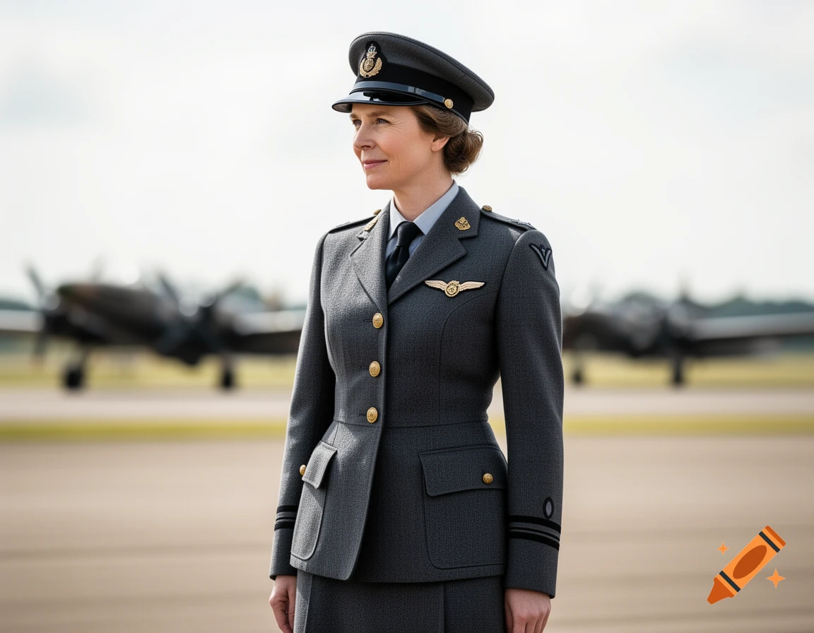 A woman in a gray military uniform with a peaked cap stands on an airfield, looking left, with blurred airplanes in the background.