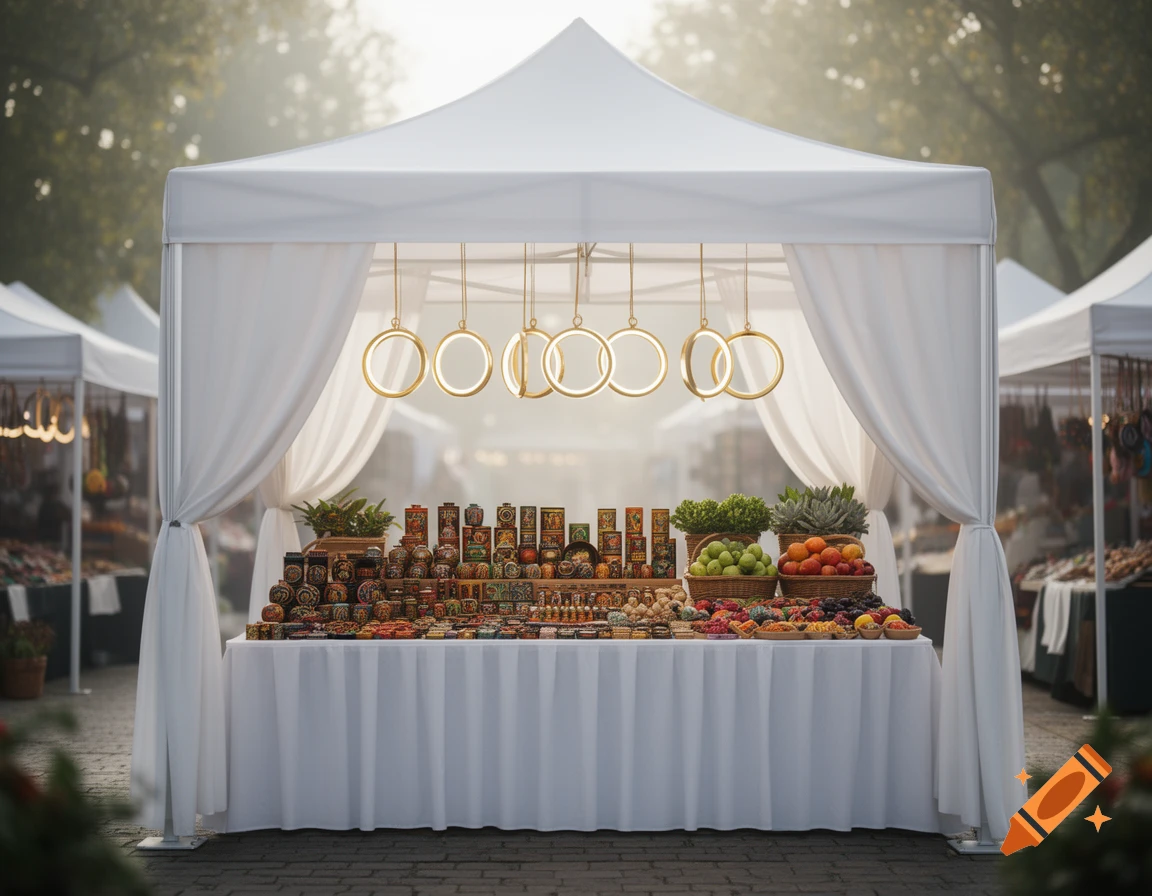 White market stall under glowing rings, displaying colorful fruits and various packaged goods on a table in a misty outdoor setting.