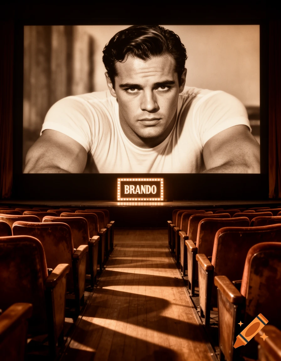 A sepia-toned portrait of a young Marlon Brando is projected on a large screen in an empty movie theater, with a lighted "BRANDO" sign below.