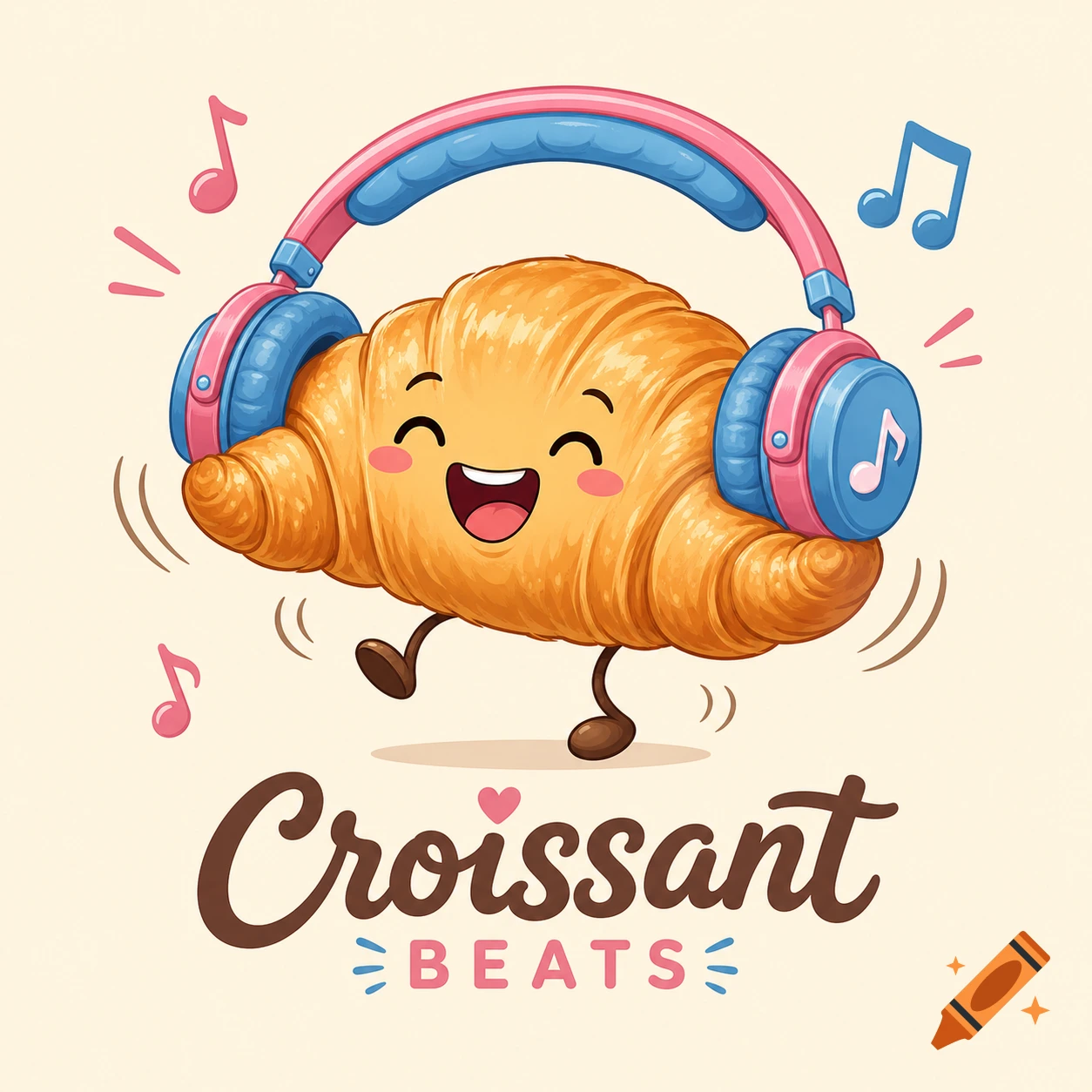 A happy cartoon croissant wearing pink and blue headphones and dancing, with musical notes around it and "Croissant BEATS" text below.
