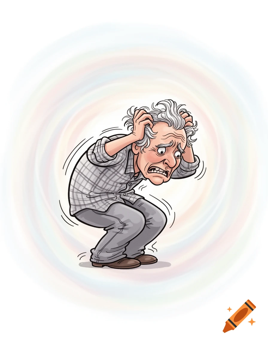 Cartoon illustration of an older man with gray hair, grimacing in pain and clutching his head, with a swirling, colorful background.