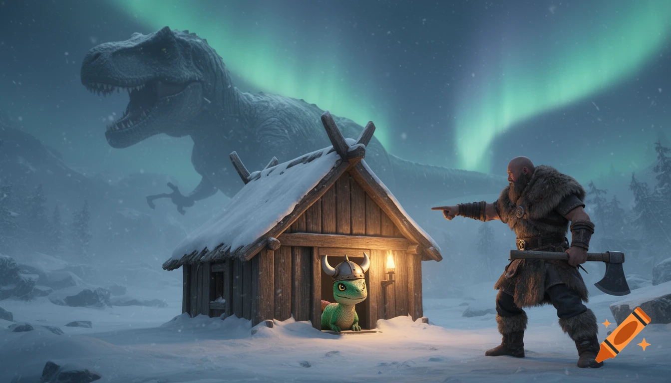 A Viking points at a small wooden hut with a cute raptor peeking out, a giant dinosaur shadow looms under an aurora borealis.