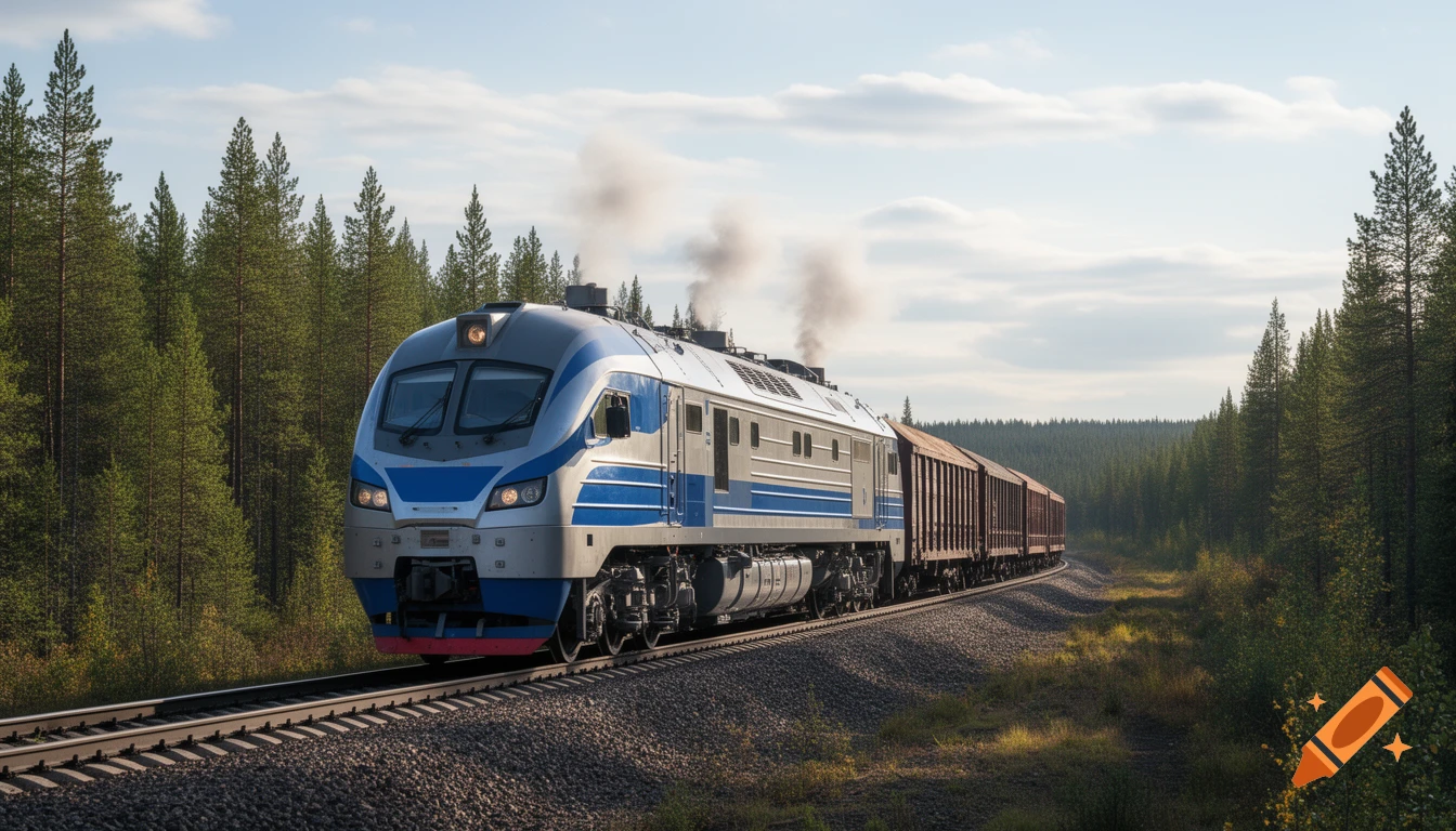 A modern blue and white diesel locomotive pulls freight cars through a dense taiga forest under a partly cloudy sky.