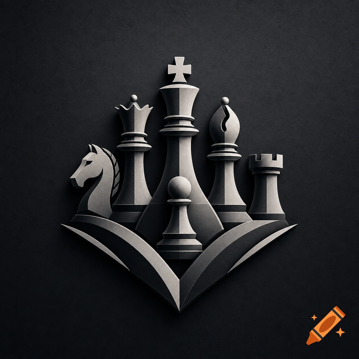 A stylized arrangement of white and gray chess pieces (king, queen, knight, bishop, rook, pawn) on a dark textured background.