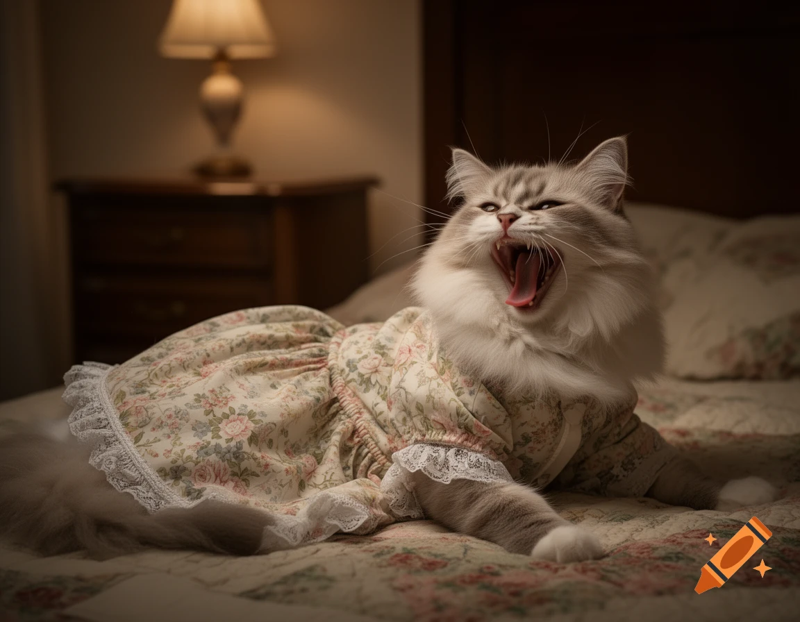 A fluffy cat in a floral nightgown yawns widely on a patterned bed, illuminated by a bedside lamp.