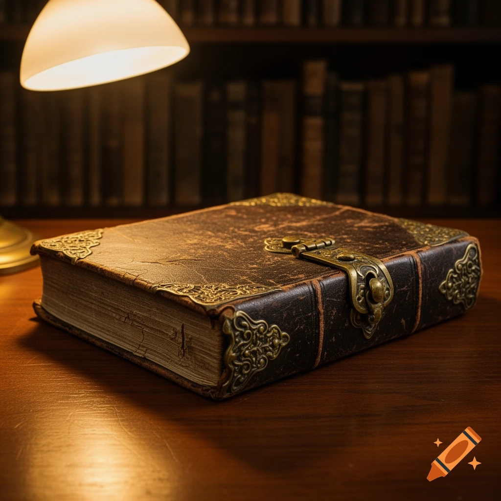 An old, leather-bound book with ornate brass corners and a clasp sits on a wooden desk, illuminated by a warm lamp.