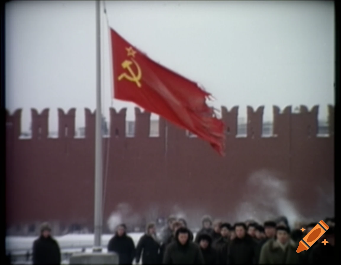 A ripped Soviet Union flag at half-mast, blurry and low-quality, with people and a red brick wall in a winter historical scene.