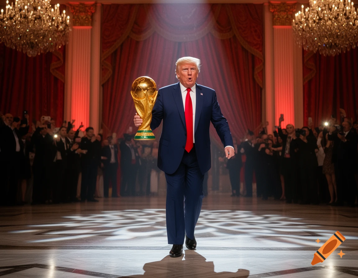 Donald Trump, in a suit, walks through a spotlight in a grand ballroom, holding a gold World Cup trophy.