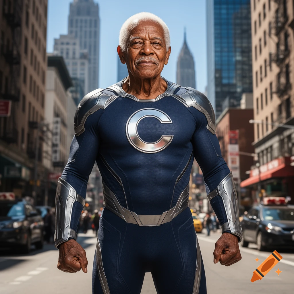A smiling elderly Black man in a blue and silver superhero costume with a 'C' on the chest stands in a city street.