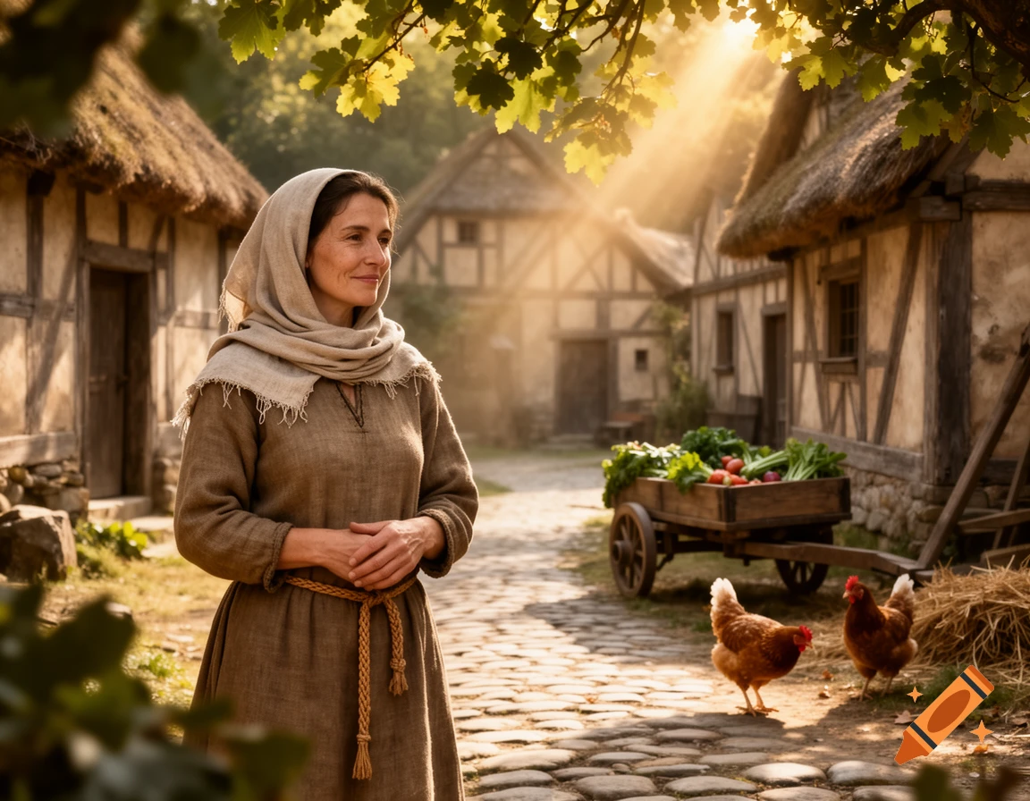 A woman in medieval peasant clothing stands in a sunlit village with thatched-roof houses, a vegetable cart, and chickens.