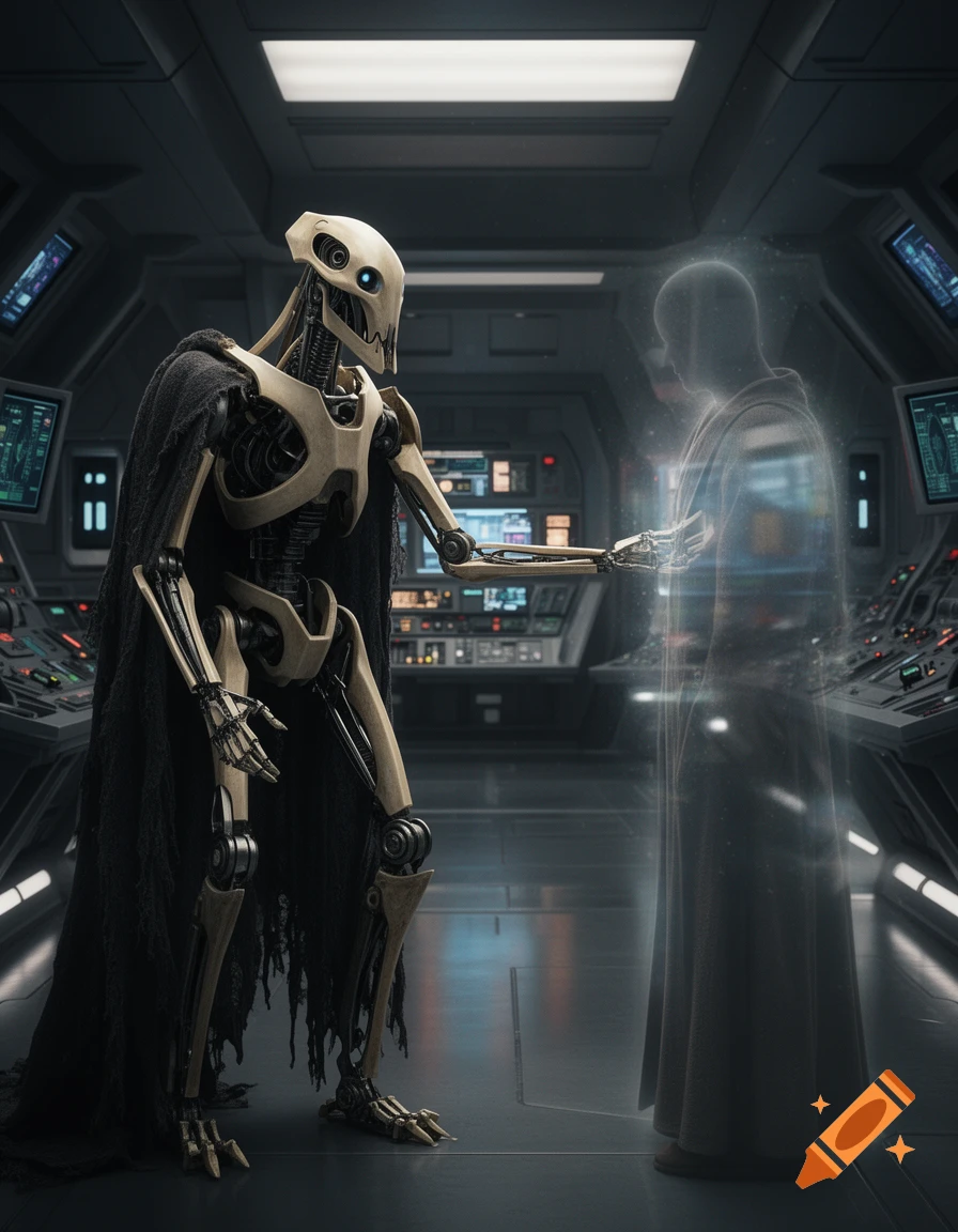 General Grievous reaches out to a translucent, ghost-like figure in a futuristic spaceship cockpit, with many screens on the walls.