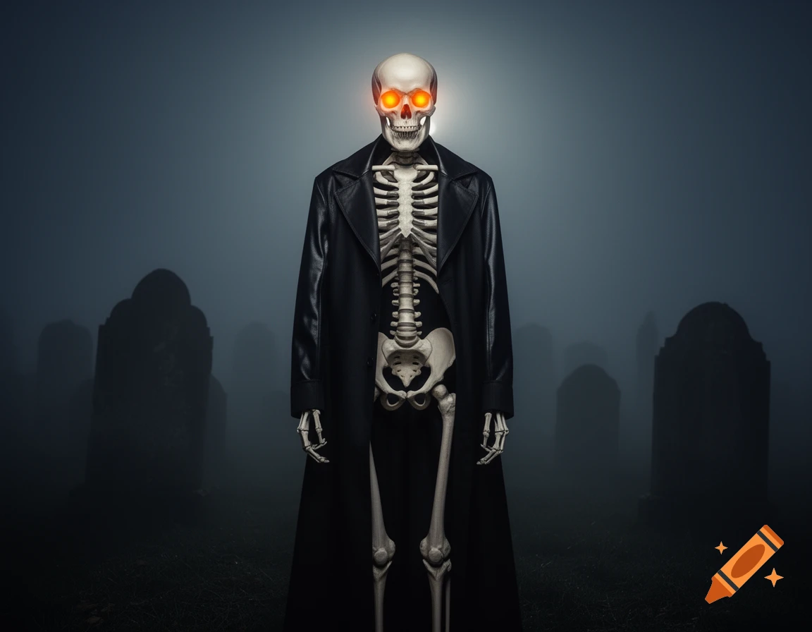 A photorealistic skeleton with glowing orange eyes in a black trench coat stands in a foggy graveyard with tombstones.