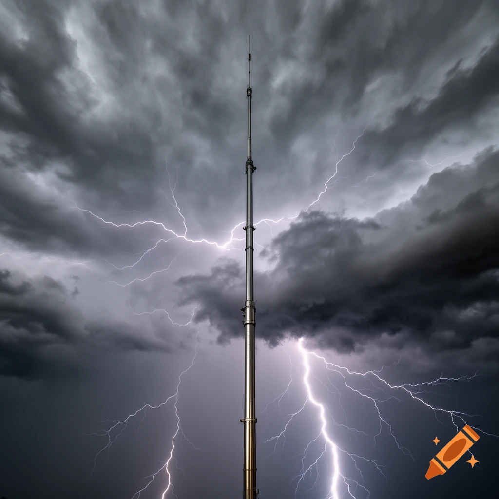 A tall metal antenna stands against a dark, stormy sky with many bright lightning bolts.