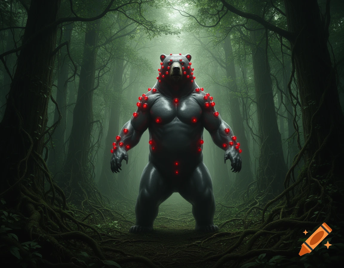 A muscular, dark, furless bear-like creature covered in glowing red bulbs stands in a dark, misty forest with tangled roots.